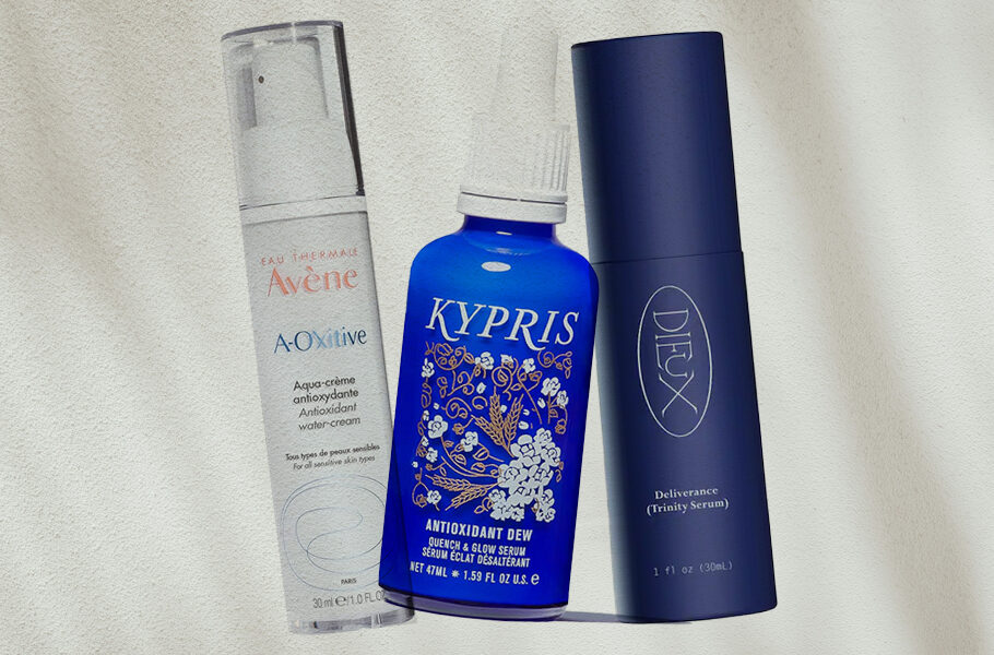 various antooxidant serums on shadow background