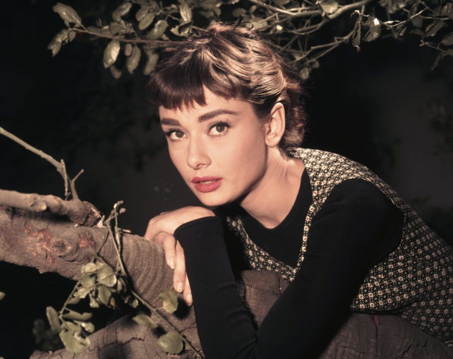 Actress Audrey Hepburn Leaning on Tree