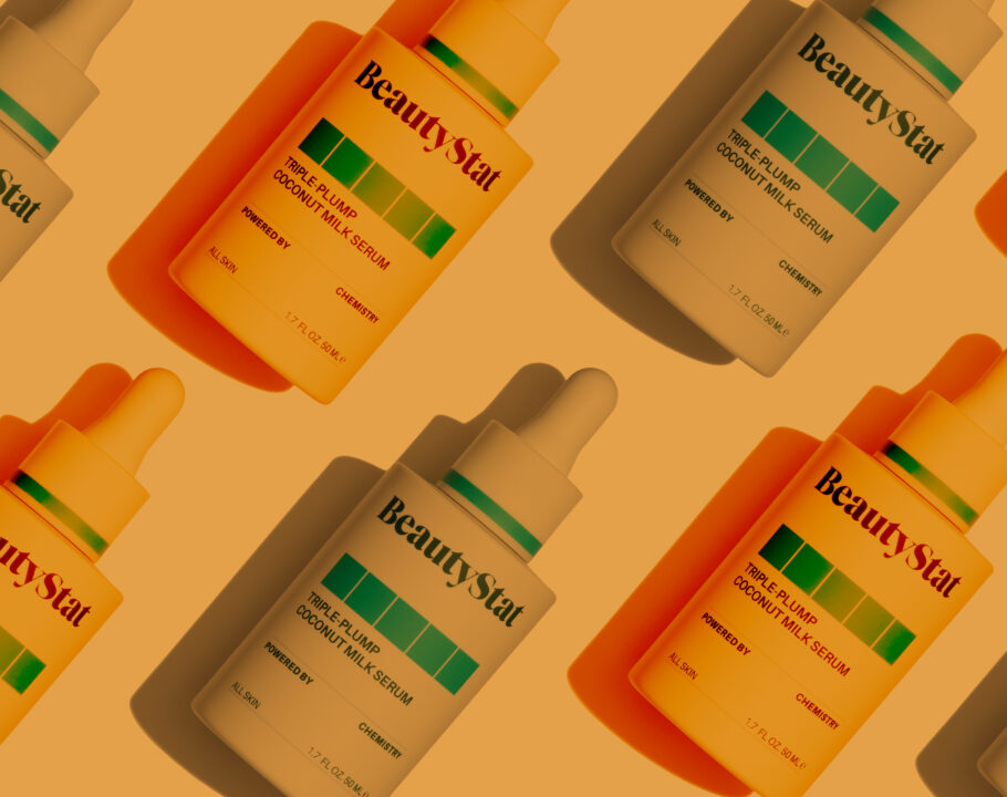 Beauty Stat Triple-Plumping Coconut Milk Serum bottles on orange background