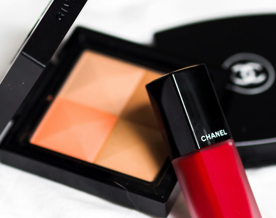 Chanel makeup palette and red lip product