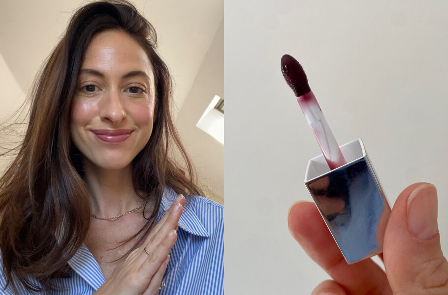 Side by side image of woman in blue collared shirt and lip gloss