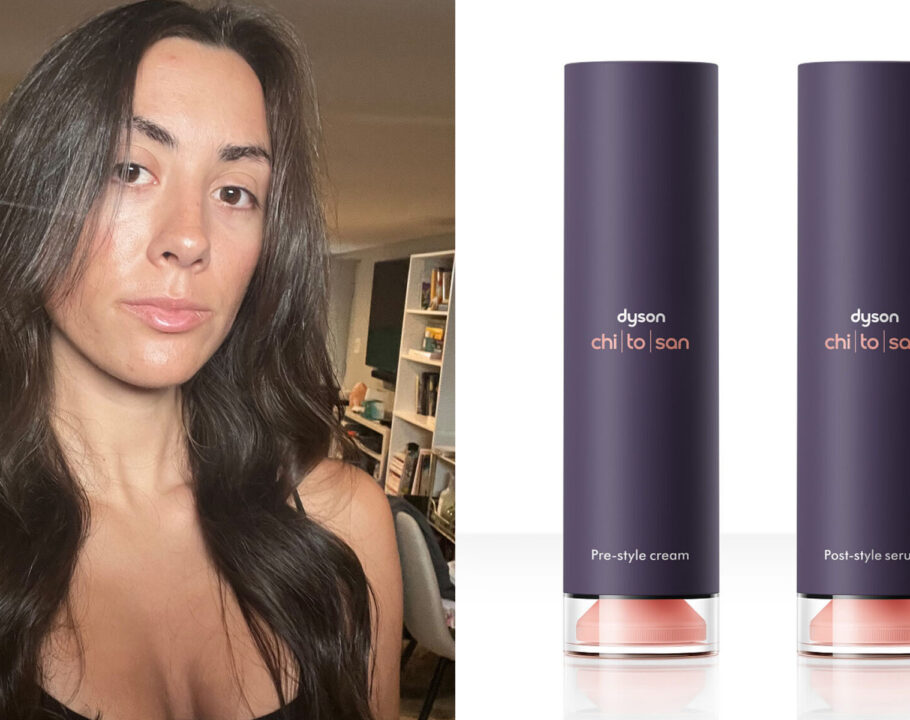 side by side images of woman with glossy brown hair and Dyson's Pre-Style Cream and Post-Style Serum bottles