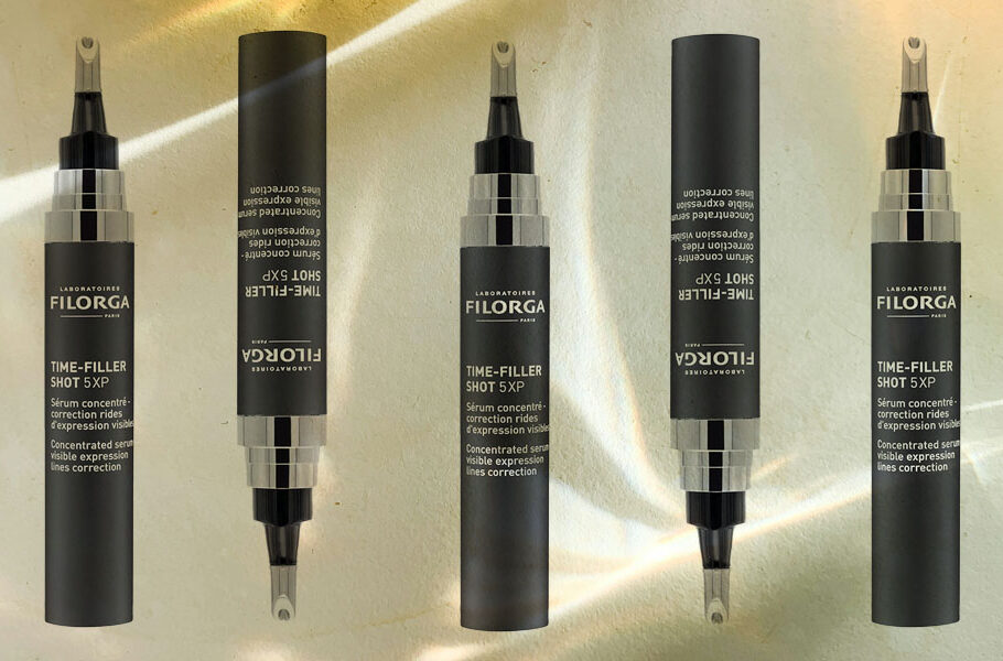 Bottles of Filorga Time-Shot Filler 5XP on shadowy background