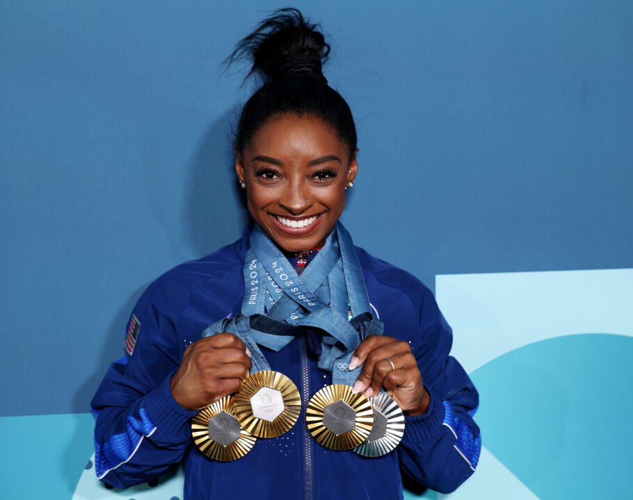 Simone Biles of Team United States poses with her Paris 2024 Olympic medals