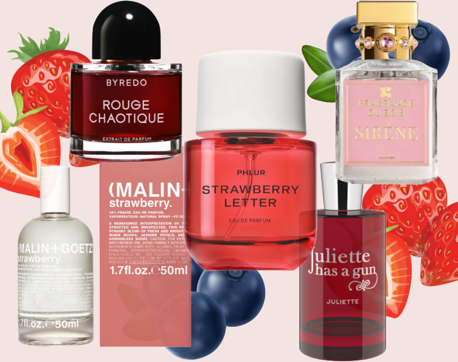 A collage of berry fragrances with strawberries and blueberries in the background