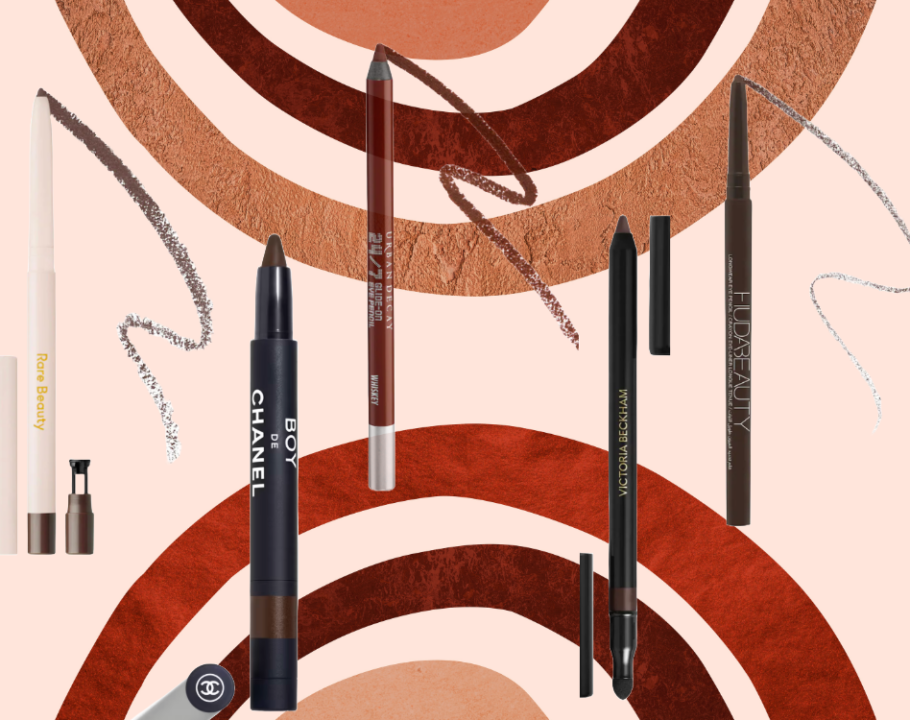 A collage of brown liners with makeup drawn in patterns in the background