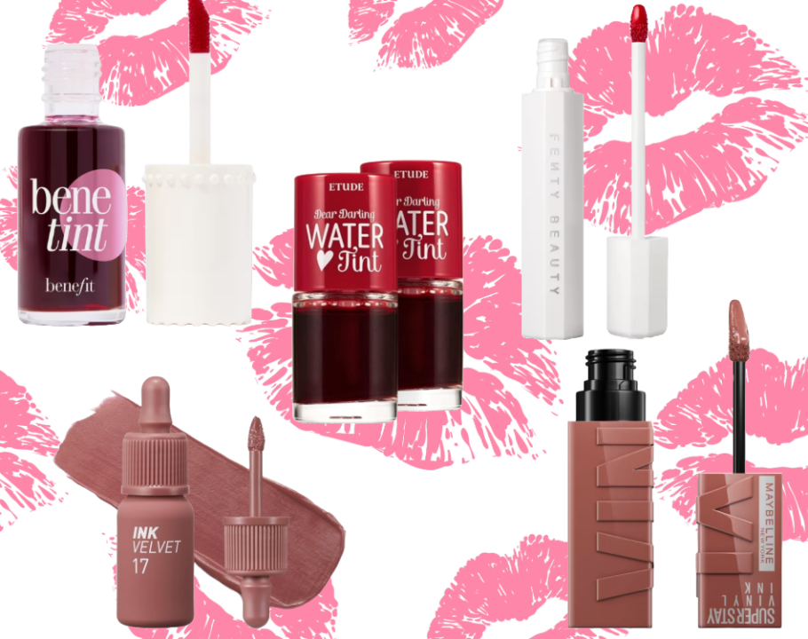 A collage of mature lips lip stains with a lip outline in the background